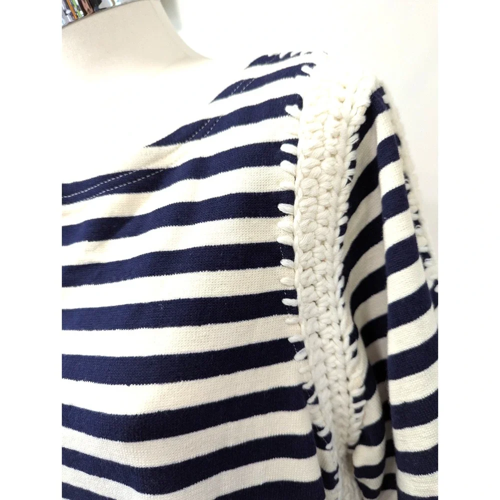 Anthropologie Pepin Nautical Stripe Cotton Tunic Dress Size L Crochet‎ Trim Navy